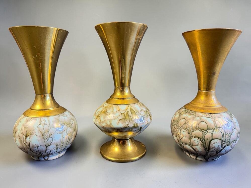 Delft, made in Holland , Handpainted , 3 vases w/brass accent
